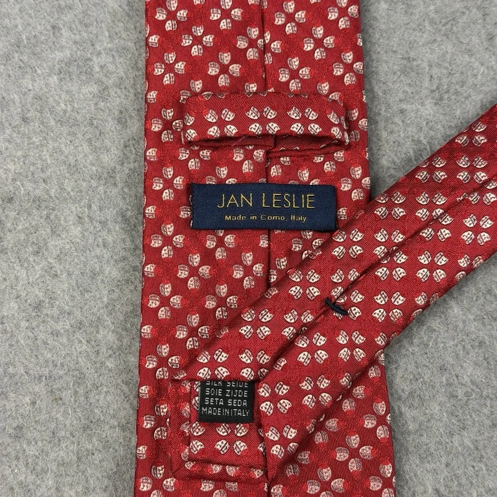 Vintage Jan Leslie Red Silk Tie Silver Ladybug Pattern Italy Luxury 59x3.25